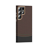 Galaxy S23 Ultra Kılıf M-safe Şarj Özellikli Karbon Fiber Görünümlü MBTM Gros Kapak - Gold-Siyah