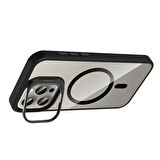 iPhone 15 Pro Max Kılıf Standlı ve Kamera Lens Hediyeli M-Safe Şarj Özellikli EFFX Etro Kapak - Siya