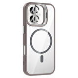 iPhone 16 Plus Kılıf Standlı ve Kamera Lens Hediyeli M-Safe Şarj Özellikli EFFX Etro Kapak - Gri