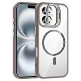 iPhone 16 Plus Kılıf Standlı ve Kamera Lens Hediyeli M-Safe Şarj Özellikli ZYL Etro Kapak - Gri