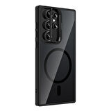 Galaxy S22 Ultra Kılıf Standlı ve Kamera Lens Hediyeli M-Safe Şarj Özellikli FRMS Etro Kapak - Siyah