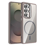 Galaxy S25 Ultra Kılıf Standlı ve Kamera Lens Hediyeli M-Safe Şarj Özellikli MKST Etro Kapak - Gri