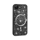 iPhone 16E Kılıf Pırlanta Tasarımlı M-safe Şarj Özellikli MKST Mozaik Silikon Kapak - Siyah