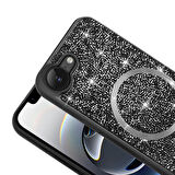 iPhone 16E Kılıf Pırlanta Tasarımlı M-safe Şarj Özellikli MKST Mozaik Silikon Kapak - Siyah