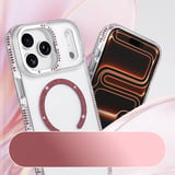 iPhone 17 Pro Max Kılıf Premium Magsafe Şarj Özellikli Şeffaf Kenari Taşli Simli Tera Silikon Kapak