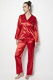 Miorre Kadın Uzun Kollu Önden Düğmeli Saten Pijama Takımı