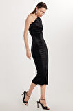 Slim Fit Dar Kesim Tek Omuz Detaylı Midi Boy Siyah Elbise