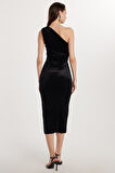 Slim Fit Dar Kesim Tek Omuz Detaylı Midi Boy Siyah Elbise