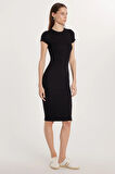 Kadın Standart Fit Bisiklet Yaka Kısa Kollu Modal Kumaş Midi Boy Siyah Elbise