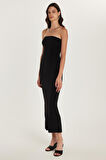 Kadın Slim Fit Dar Kesim Straplez Arka Yırtmaç Detaylı Siyah Midi Elbise