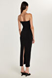 Kadın Slim Fit Dar Kesim Straplez Arka Yırtmaç Detaylı Siyah Midi Elbise