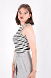 Busem S0016156 Kadın Slim Fit Çizgili Halter Yaka Fitilli Kaşkorse Atlet