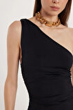 Kadın Slim Fit Dar Kesim Tek Omuz Uzun Siyah Elbise