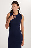 Kadın Slim Fit Dar Kesim Modal Bisiklet Yaka Sıfır Kol Maxi Lacivert Elbise