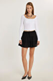 Kadın Relax Fit Bağlama Detaylı Beli Lastikli Siyah Etek