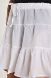 Kadın Relax Fit Bağlama Detaylı Beli Lastikli Beyaz Etek