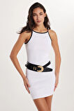 Kadın Slim Fit Dar Kesim İnce Askılı Halter Yaka Mini Beyaz Elbise