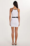Kadın Slim Fit Dar Kesim İnce Askılı Halter Yaka Mini Beyaz Elbise