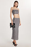 Kadın Slim Fit Simli Uzun Düz Gri Etek