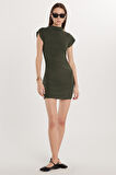 Kadın Modal Kumaş Standart Fit Truvakar Kol Bisiklet Yaka Haki Elbise