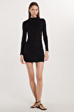 Kadın Modal Kumaş Standart Fit Uzun Kollu Bisiklet Yaka Siyah Elbise