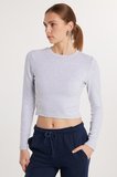 Kadın Slim Fit Dar Kesim Bisiklet Yaka Gri Bluz