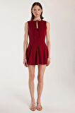 Kadın Regular Fit Klasik Kesim Boyun Bağlama Detaylı Mini Bordo Elbise