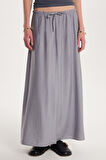 Kadın Standar Fit Beli Lastikli Bağlamalı Gri Etek