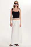Kadın Standart Fit Beli Lastikli Bağlamalı Ekru Etek
