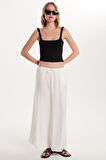 Kadın Standart Fit Beli Lastikli Bağlamalı Ekru Etek