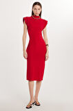 Kadın Slim Fit Dar Kesim Sıfır Kol Yarım Balıkçı Yaka Kırmızı Elbise