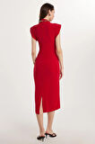 Kadın Slim Fit Dar Kesim Sıfır Kol Yarım Balıkçı Yaka Kırmızı Elbise