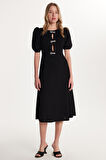 Kadın Regular Fit Balon Kol Bisiklet Yaka Bağlama Detaylı Siyah Elbise