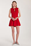 Kadın Regular Fit Klasik Kesim Boyun Bağlama Detaylı Mini Kırmızı Elbise