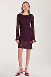 Kadın Slim Fit Dar Kesim Uzun Kollu Sırt Dekolteli Örgü Detaylı Mürdüm Elbise