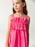Fırfır Göğüs Detaylı Pembe Askılı Kız Çocuk Elbise