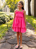 Fırfır Göğüs Detaylı Pembe Askılı Kız Çocuk Elbise