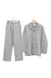 Ecocotton Melsa Açık Gri %100 Organik Pamuk Müslin Erkek Pijama Takımı