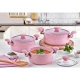 OMS Granit Güveç Set Pembe Cam Kapak 6 Parça