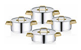 1137-G - 8 Parça, İndüksiyonlu 1. Sınıf Paslanmaz Çelik Tencere Seti, Gümüş Gövde, Gold Detay