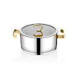 1141 - 8 Parça, İndüksiyonlu, 1. Sınıf Paslanmaz Çelik, Tencere Seti, Gümüş Gövde, Gold Detay