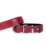 Doggie Köpek Boyun Tasması Konfor Gerçek Deriden El Yapımı Pati Desenli Kırmızı M 4x52-60 Cm