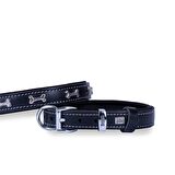 Doggie Konforlu Gerçek Deriden El Yapımı Kemik Süslü Köpek Boyun Tasması 2x30-35cm Siyah