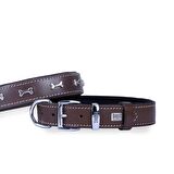 Doggie Konforlu Gerçek Deriden El Yapımı Kemik Süslü Köpek Boyun Tasması 2,5x37-45cm Kahverengi
