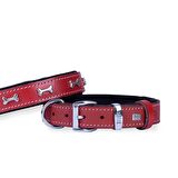 Doggie Konforlu Gerçek Deriden El Yapımı Kemik Süslü Köpek Boyun Tasması 3x42-50cm Kırmızı