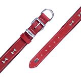 Doggie Konforlu Gerçek Deriden El Yapımı Kemik Süslü Köpek Boyun Tasması 3x42-50cm Kırmızı