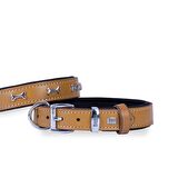 Doggie Konforlu Gerçek Deriden El Yapımı Kemik Süslü Köpek Boyun Tasması 3x42-50cm Camel