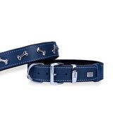 Doggie Konforlu Gerçek Deriden El Yapımı Kemik Süslü Köpek Boyun Tasması 3,5x52-60cm Royal Mavi