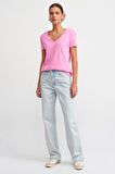 Dilvin V Yaka Basic T-shirt Pembe
