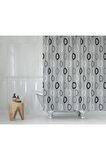 Polyester Kumaş Geometrik Desen Gri Banyo Perdesi Yerli Üretim Duş Perdesi Plastik C-halka Hediye